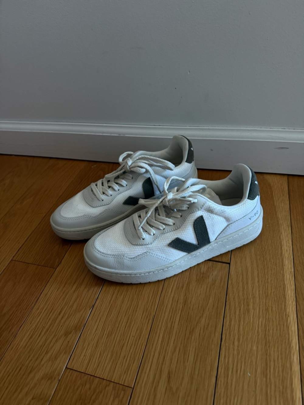 Veja v90 White Sneakers with Green V Logo
